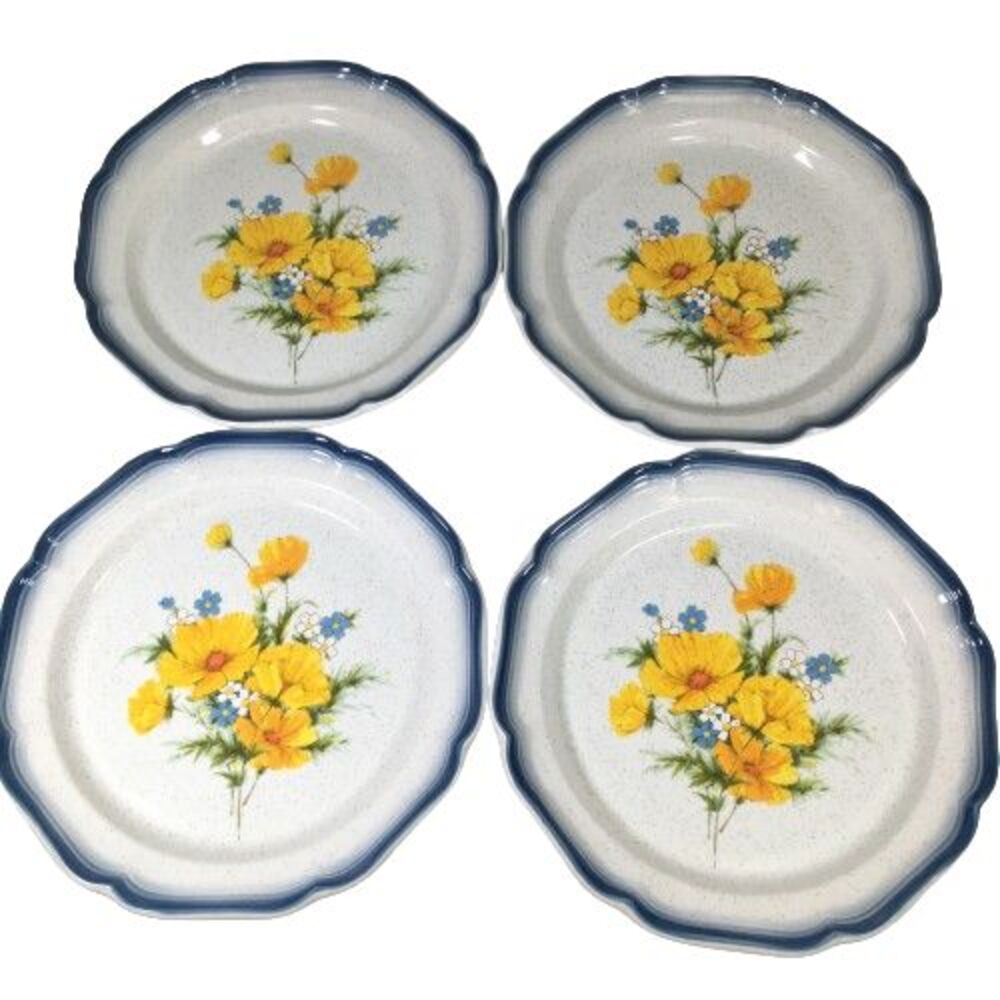 SET OF 4 Mikasa Country Club Amy Dinner Plates CA 503 Blue Yellow Floral 10 3/4"